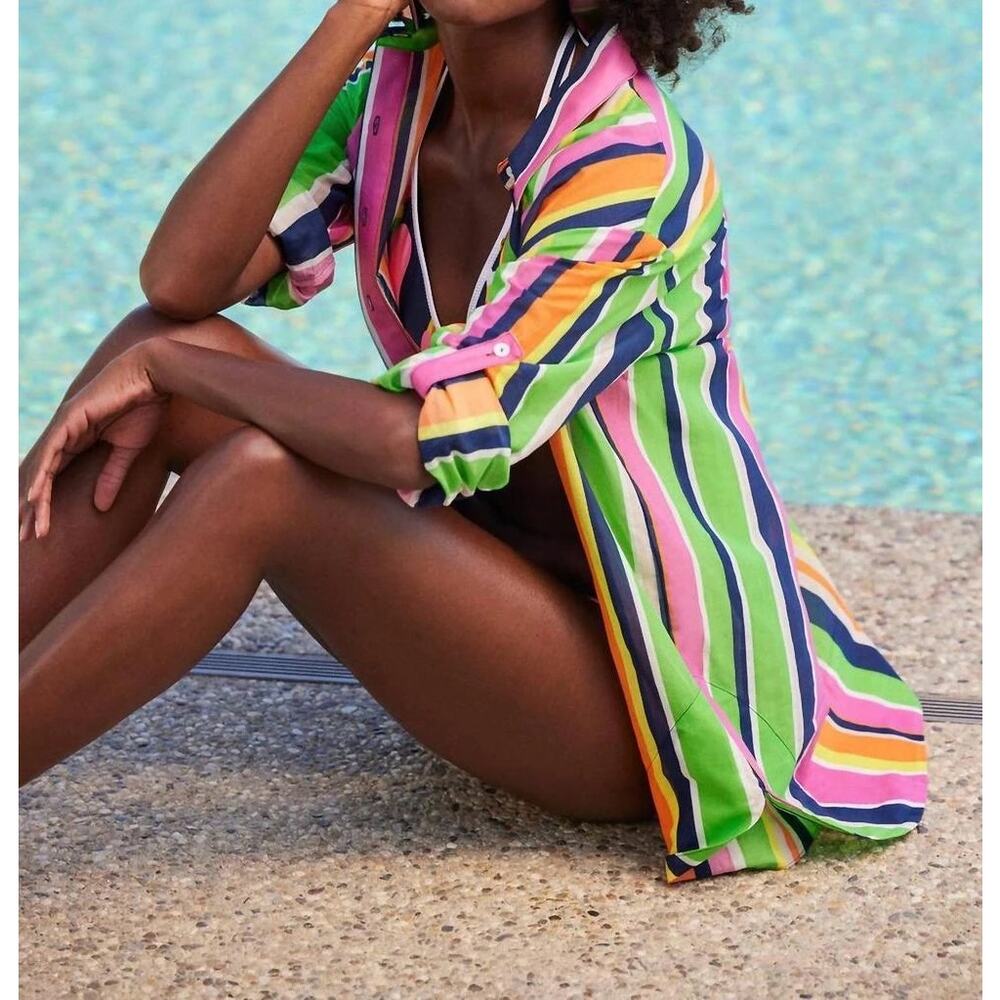 TRINA TURK Poolside Gossip Swing Top Splash Stripe Button Down Relaxed Size XL